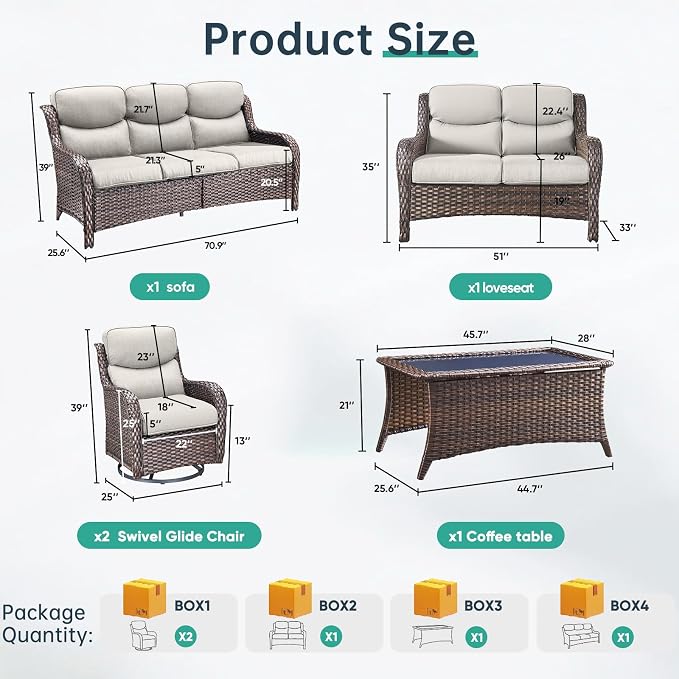 Outdoor Swivel Rocker Patio Chairs Set of 7 with 5" Thick Cushions ,7 Piece Furniture Set with Fire Pit Table All Weather Wicker Conversation Set for Porch Deck - Brown Wicker | Beige Cushions