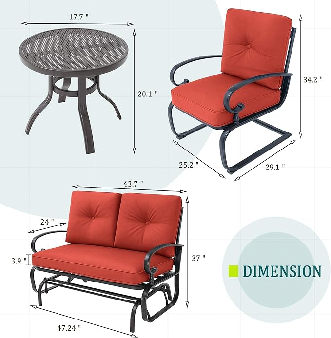 4 Pcs Outdoor Wrought Iron Furniture Patio Conversation Set with Glider Loveseat, 2 Spring Chairs, and Coffee Table (Red)