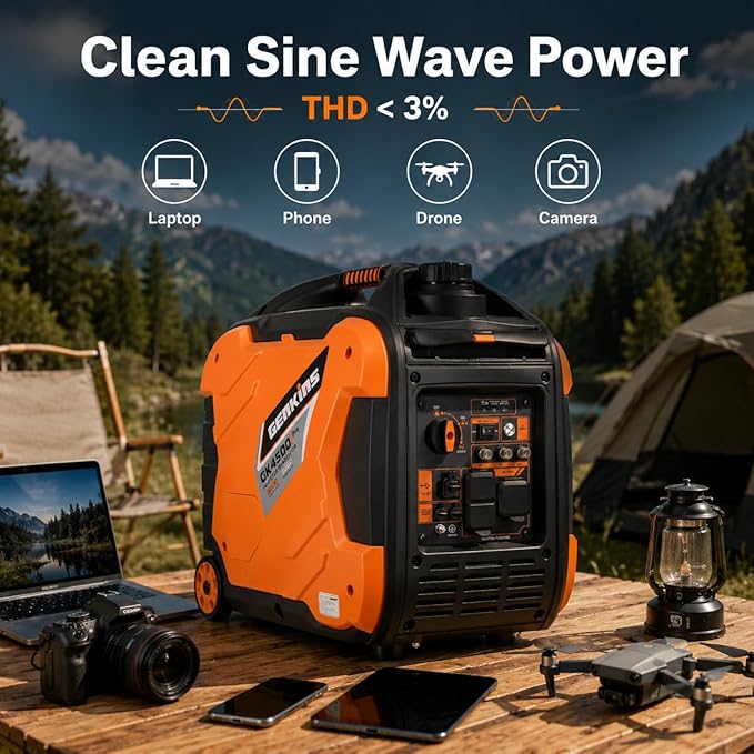 Genkins Portable Inverter Generator 4500W Gas Powered Pure Sine Wave Lightweight Quiet Parallel Capability for Camping RV Home Backup