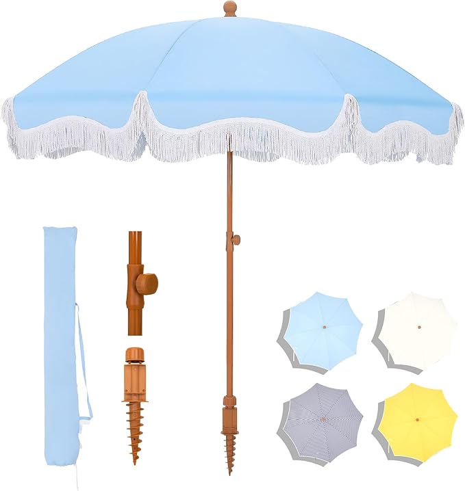 MFSTUDIO 7ft Beach Umbrella with Fringe, Tassel Umbrellas UPF50+ with Tilt Button & Crank, Holiday Outdoor Umbrella with Carry Bag, Ideal for Garden Lawn Poolside, Blue