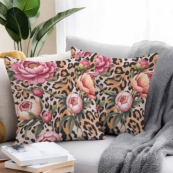 Vandarllin Outdoor Throw Pillows Covers 24x24 inch Set of 2 Waterproof Leopard Print Decorative Zippered Cushion Covers for Patio Furniture, Pink Floral Retro Animal Skin Lumbar Pillowcases