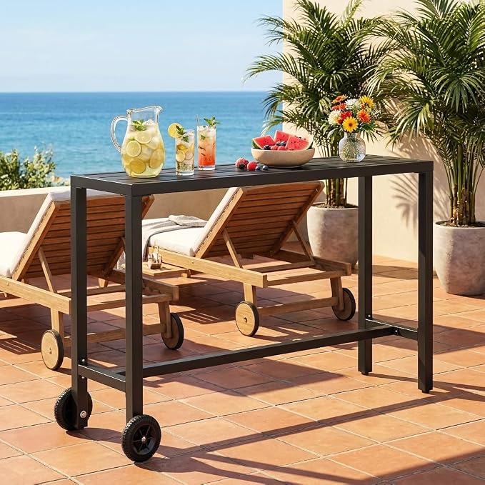 YITAHOME 55" Outdoor Bar Table with Wheels, Narrow Metal Patio Bar Height Table, Modern Rectangle Console Table for Balcony Garden Poolside, Black