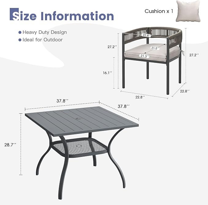VICLLAX Patio Dining Set, 37.8" Dark Grey Table & 4 Chairs with Wheat Cushion