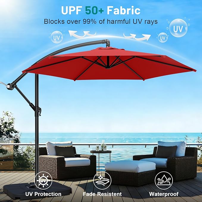 AreShark 10FT Patio Outdoor Umbrella, Offset Patio Umbrella Cantilever Umbrella, 6 Sturdy Ribs, Easy Adjustment for Garden Market Pool with Cross Base (Red)