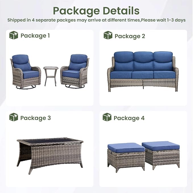 Swivel Patio Chairs sofa Set of 7 - 6" Thick Cushion - Wicker Outdoor Swivel Rocker Patio Chair ,Sofa/Glass coffee table, High Back Comfortable Outdoor Glider Chairs - Grey Wicker | Blue Cushions