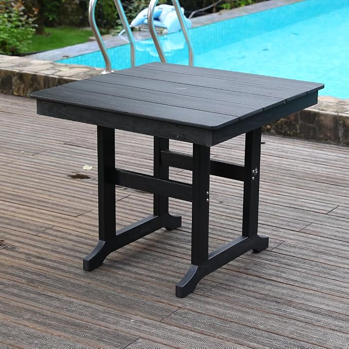 KEIKI 35" HDPE Outdoor Table, All Weather Patio Table with Umbrella Hole, Waterproof & Fade Resistant, Wood Grain Finish, Easy Assembly Patio Furniture for Garden Balcony Poolside Backyard, Black