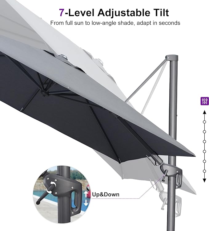 PURPLE LEAF 10' X 10' Swivel Outdoor Patio Aluminum Umbrella with Base Left-right Tilting Cantilever Offset Umbrella with UV Resistant Heavy Duty Fabric for Deck Pool Patio Backyard, Graphite Grey