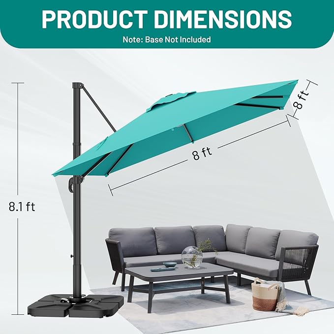 AreShark 8 X 8 FT Cantilever Patio Umbrella, 360-Degree Rotation Round Hanging Offset Umbrella with Crank, Heavy Duty Patio Umbrella for Patio, Pool, Garden, Deck, Peacock Blue