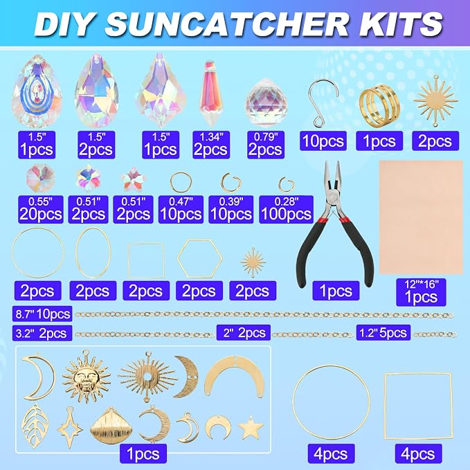 200pcs DIY Sun Catchers Making Kits Craft for Adults Crystal Suncatchers | Stained Glass Window Hanging Prism Indoor Outdoor Garden Xmas Decor with Rainbow Maker Pendants Chains Supplies