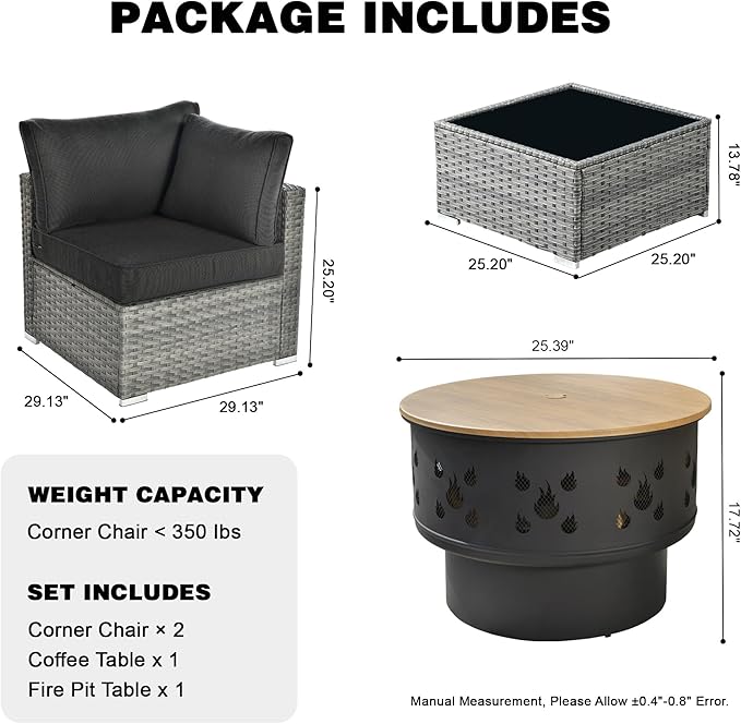 HOOOWOOO 4-Piece Outdoor Wicker Patio Furniture Set, Modular Sectional Sofa with Cushions, Side Table, and Fire Pit Table, All-Weather Rattan Garden Seating for Patio, Porch, or Balcony (Black)