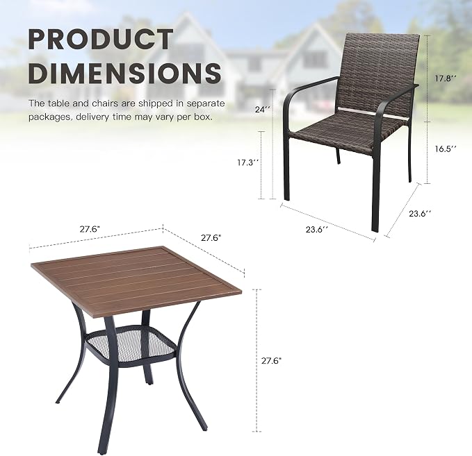 Outdoor Dining Set for 2, 28" Metal Square Outdoor Dining Table and Wicker Stackable Patio Chairs, 3 Pieces Patio Table and Chairs Set for Garden Backyard, Walnut