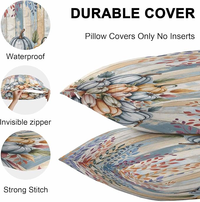 Orange Pumpkins Outdoor Waterproof Pillow Covers, Eucalyptus Leaves Wood Grain Country Rustic Decorative Square Throw Pillowcase Sofa Cushion Sham for Patio/Couch/Chair, 24"x24" 2 Pack
