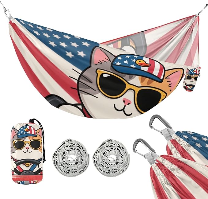 Cartoon Cute Yellow Cat 4th of July Independence Day 330lb Capacity Outdoor Hammock with Hanging Rope Cloth Hammock for Outside Patio Backyard Poolside hamaca de Algodon para Jardin