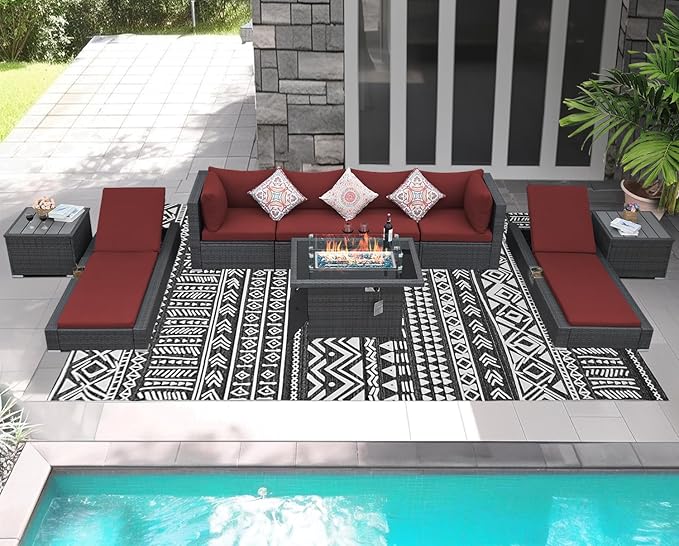 NICESOUL 9 Piece Outdoor Patio Furniture Set with Fire Pit, Modern Backyard Sectional with Chaise Lounge, Cozy 29.3'' High-Back Outside Seating Sofa, All-Weather Wicker Couch for Garden, Grey & Red