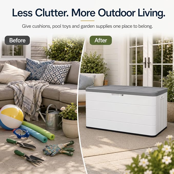 ADDOK 110 Gallon Outdoor Deck Box, Large Waterproof Resin Storage Box with Lid Support Rod, Lockable Lid and Side Handles, Patio Cushion Storage Bench for Poolside, Garden and Backyard, White
