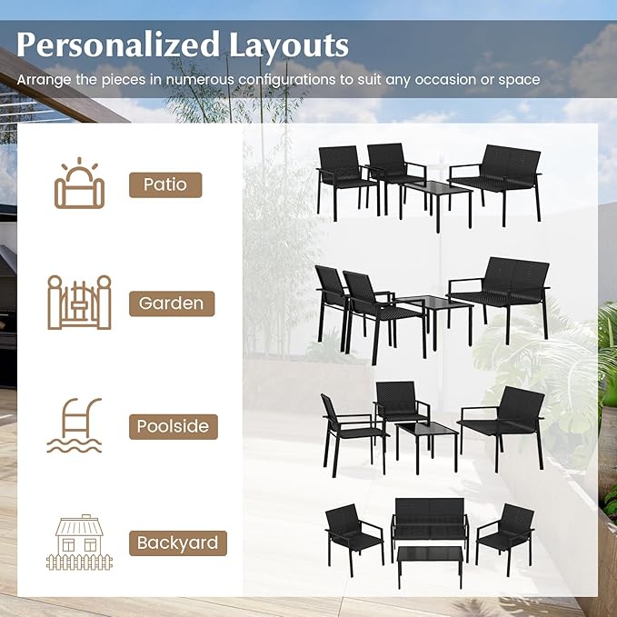 HAPPYGRILL 8 Pieces Wicker Patio Conversation Set with Coffee Table, PE Rattan Chairs with Galvanized Metal Frame, Outdoor Table and Chairs Set for Small Space, Balcony, Poolside, Backyard (Black)