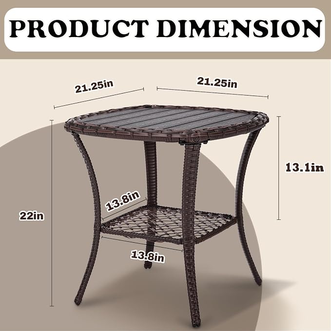 Outdoor Patio Side Table Small Brown Wicker Rattan End Table for Outside Storage Coffee Table with Poly Lumber Table Top for Garden Lawn Pool Porch Deck
