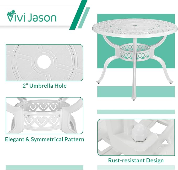 VIVIJASON 5-Piece Patio Furniture Dining Set, All-Weather Cast Aluminum Outdoor Conversation Set, Include 4 Chairs and 1 Round Table w/Umbrella Hole for Balcony, Lawn, Garden, Backyard, White