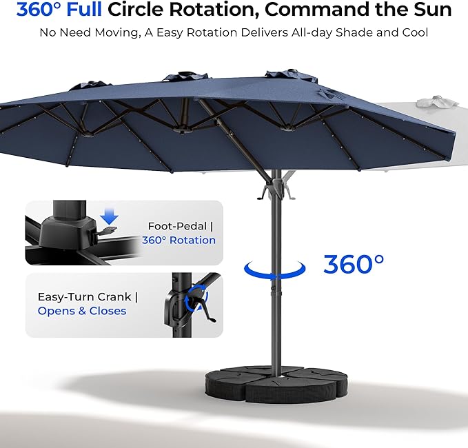 HOMSHADE 15FT Cantilever Double-Sided Umbrella with Solar Light and Base, Rectangle Oversized Offset Patio Umbrellas, Extra Large Outdoor Umbrella for Pool, Deck, Garden, Market (Navy Blue)