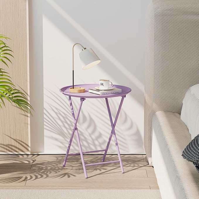 Garden 4 you Folding TV Tray Table, Metal Round Side Table, Purple Dinner Table with Metal Frame, Modern Outdoor Tray Table for Living Room, Bedroom, Patio & Small Spaces, 2 Packs