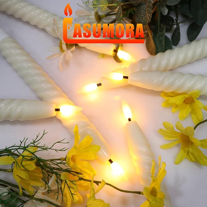 Flameless Taper Candles Real Wax Flickering with Remote Timer, Pastel Ivory 3D Wick LED Spiral Candles Battery Operated 6 Pack 9.8 inch, Wedding Birthday Home Party Holiday Dinner Decor