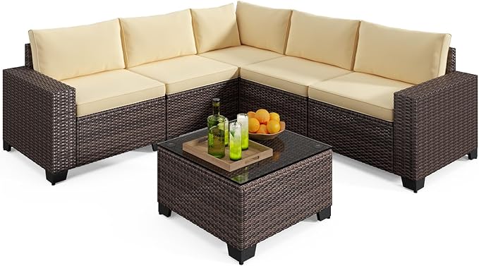 Gizoon 6-Piece Outdoor Patio Furniture Set, PE Wicker Rattan Sectional Sofa Conversation Set with Thickened Cushions, Coffee Table, All-Weather Patio Furniture for Garden, Backyard, Poolside, Beige