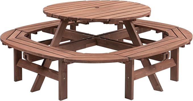 10-12 Person Outdoor Picnic Table, Round Wood Picnic Table with 1 Built-in Ring Bench, Umbrella Hole, Outside Dining Table and Bench Set for Patio, Backyard, Garden, Porch, 1500lb Capacity - Brown