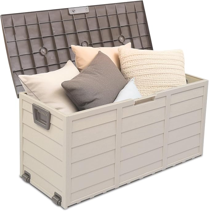 Outvita Deck Storage Box, 75 Gallon Durable Waterproof Storage Container Bin Store Patio Cushions and Yard Stools Outdoor Patio Garden (Brown)