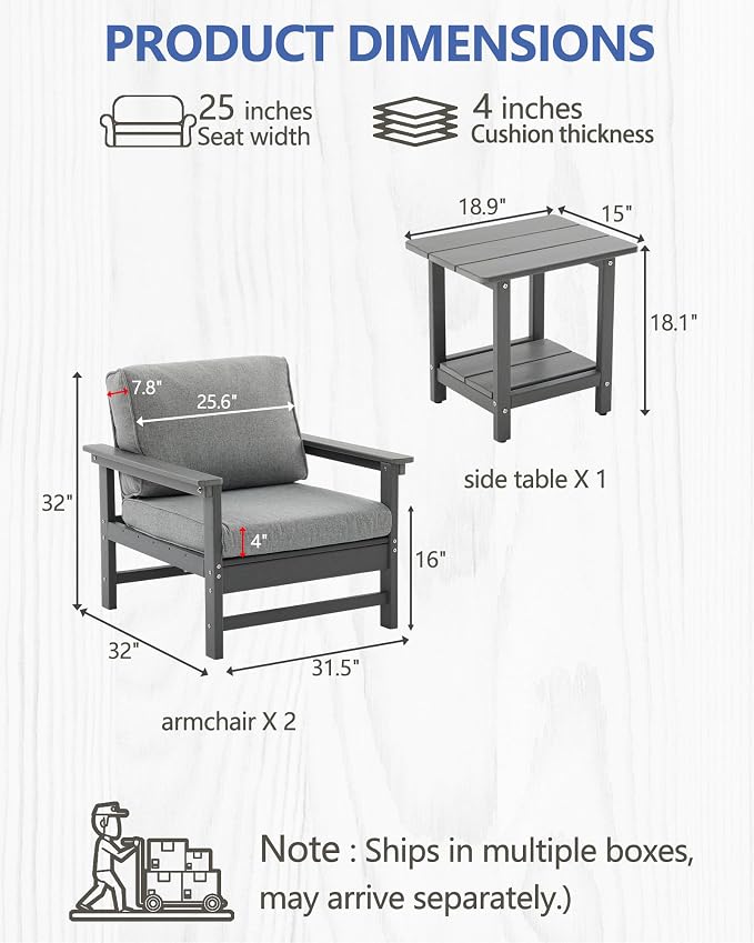 HDPE Outdoor Patio Chair Set with Cushions, 3-Piece Armchair Conversation Set with 2 Weatherproof Armchairs and Side Table, All-Weather Waterproof Deck Chairs for Garden, Porch, Balcony & Backyard
