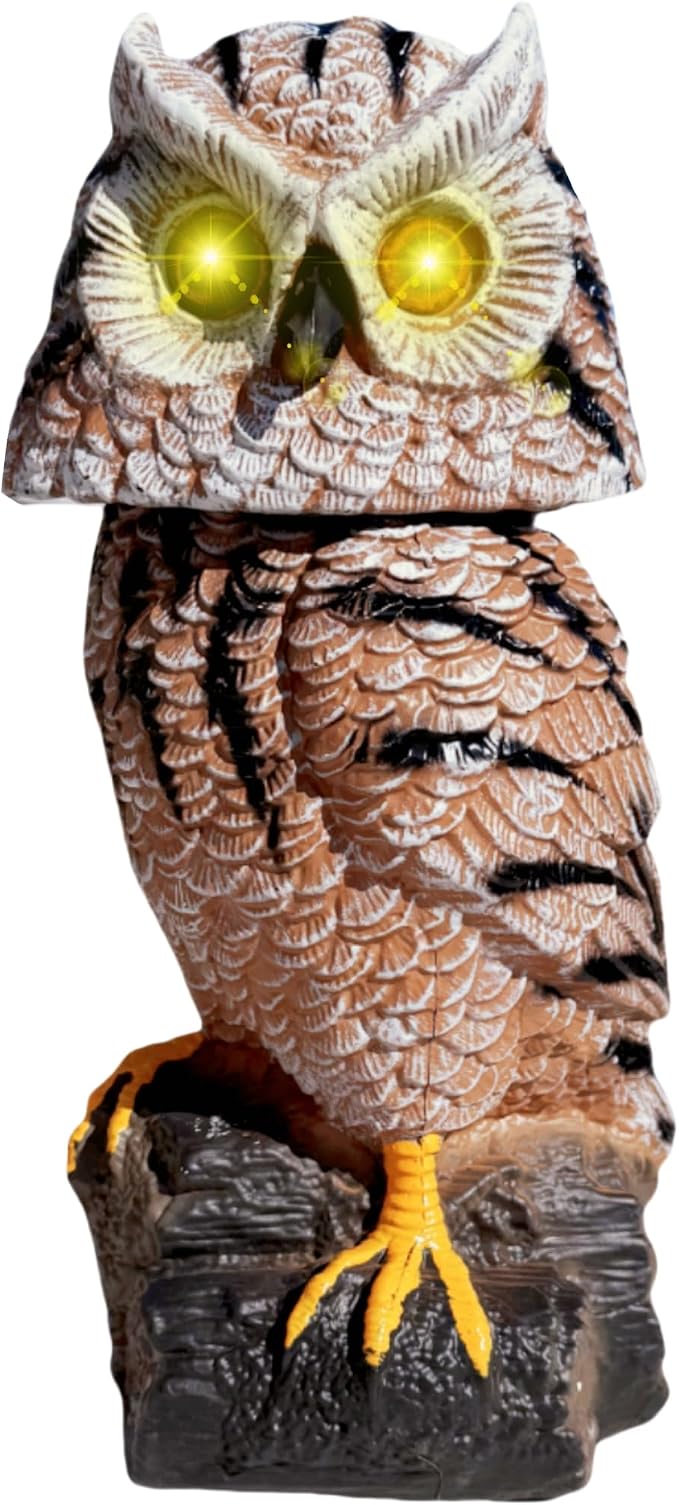 Owlsome Solar Tiger Owl with Flashing Eyes, Rotating Head, Hoot Sound, Motion Detector and Silent Mode, Plastic Owl Garden Sculpture, Garden Decoration