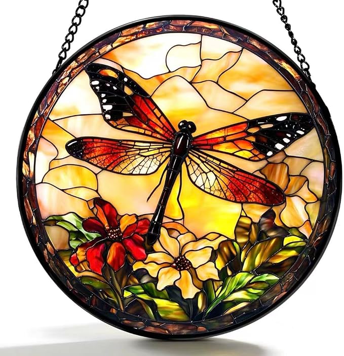Stained Glass Window Hanging - A Dragonfly is Docked in The Garden 6.3 Inches Suncatcher for Garden Home Decor for Women Mom Grandma Friends