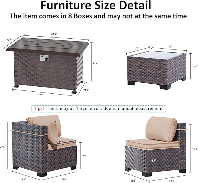 Outdoor Patio Furniture Set with Fire Pit Table, 15 Pieces Outdoor Furniture Set Patio Sectional Sofa w/43in Propane Fire Pit, PE Wicker Rattan Patio Conversation Sets - Brown