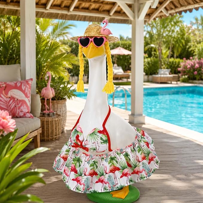 JcHrmers Bikini Goose Outfit Summer Flamingo Porch Goose Outfits Hawaiian Lawn Goose Clothes Fits 23" Cement Plastic Goose Statue for Summer Outdoor Garden Yard Patio Art Decor