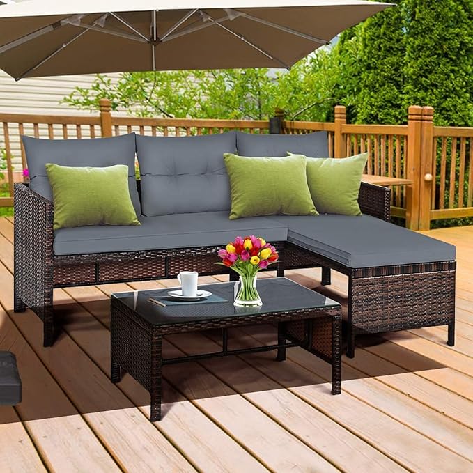 Fireflowery 3-Piece Outdoor Rattan Sectional Sofa Set, Patio Wicker Rattan Conversation Furniture Set, Steel Frame & Seat Cushion, Perfect for Garden Lawn Pool Backyard (Grey)