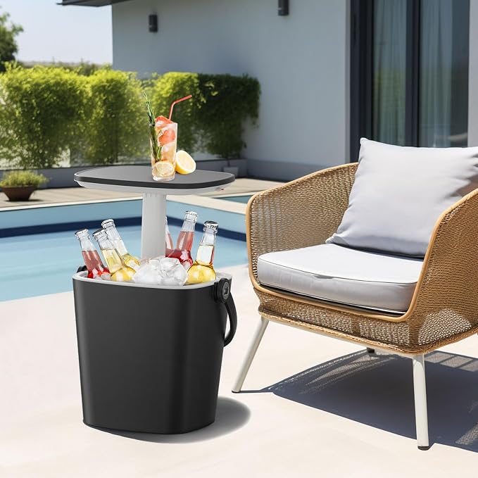 EasyUp Outdoor Cooler Side Table, Portable Ice Cooler Table with Table Top, Outdoor Ice Cool Bar, Lift Top Lid, Durable Handle, Cold Resistance, for Patio, Pool, Camping (Black)