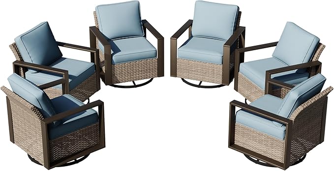 Joyside Outdoor Patio Swivel Rocker Chairs Set, 6 Pieces Wicker Rattan Chairs with Metal Wide Armrest, Thick Cushions and Deep Seating for Garden, Backyard, Porch, Deck
