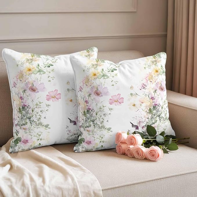 Watercolor Flowers Outdoor Waterproof Throw Pillow Covers Set of 2, 20"x20", Spring Retro Floral Purple Green Yellow Decorative Pillow Covers Outside Cushion Case for Patio Porch Garden