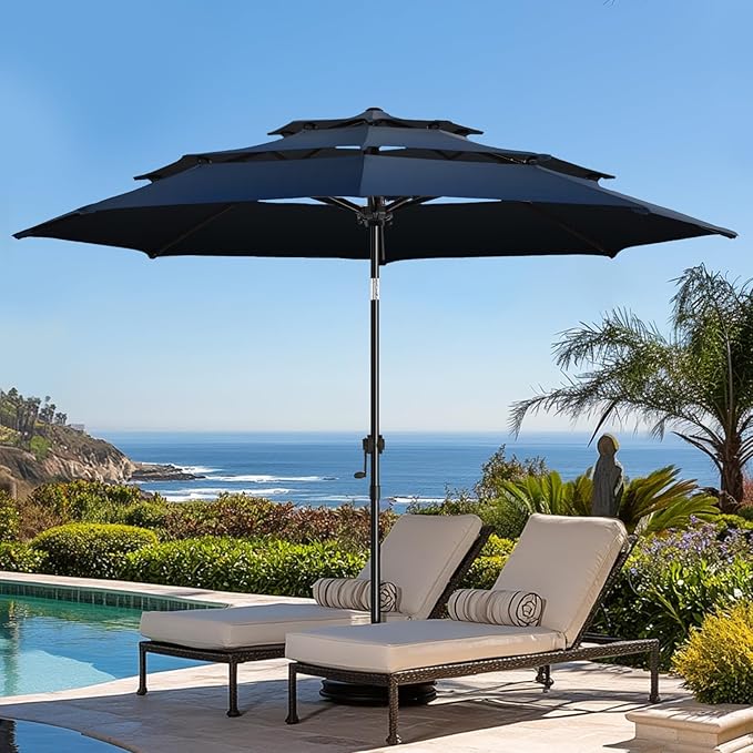 wikiwiki 9ft 3-Tier Patio Umbrella Outdoor Table Market Umbrella for Patio with Push Button Tilt/Crank, Fade Resistant Waterproof POLYESTER Canopy for Garden, Lawn, Deck, Backyard & Pool, Navy Blue