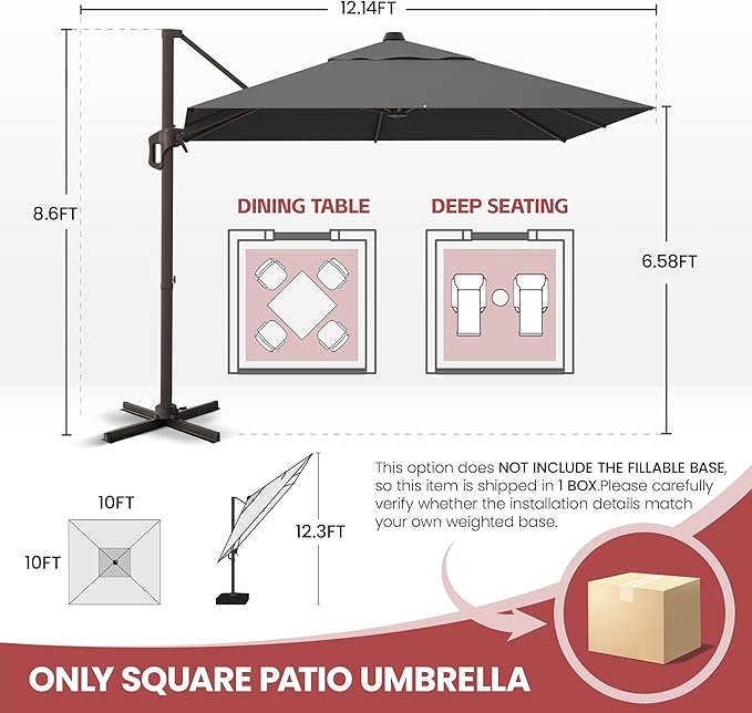 GENTEACO 10X10 FT Cantilever Umbrella, Large Offset Patio Umbrella with 6 Angle Tilts & 360° Rotation, Large Square Sun Umbrellas for Outdoor Patio Pool Deck Market, Grey