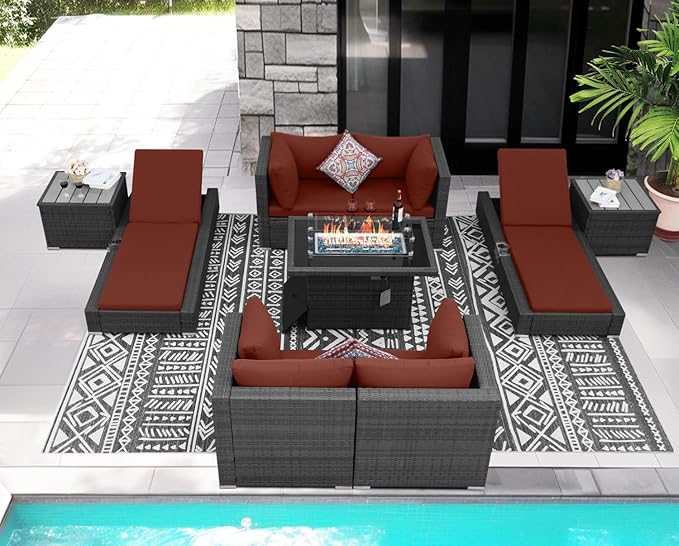 NICESOUL 9 Piece Patio Furniture Set with Firepit, Modern Outdoor Sectional Couch with Chaise Lounge, Comfy 29.3'' High-Back Backyard Seating, All-Weather Modular Sofa for Garden, Yard, Grey & Red