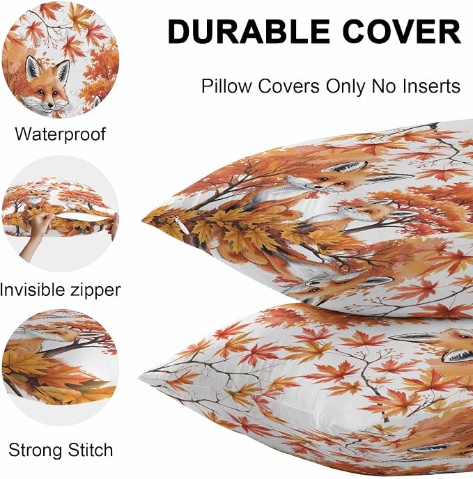 Orange Fox Outdoor Waterproof Pillow Covers, Thanksgiving Maple Leaves Autumn Trees Decorative Square Throw Pillowcase Sofa Cushion Sham for Patio/Couch/Chair, 26"x26" 2 Pack