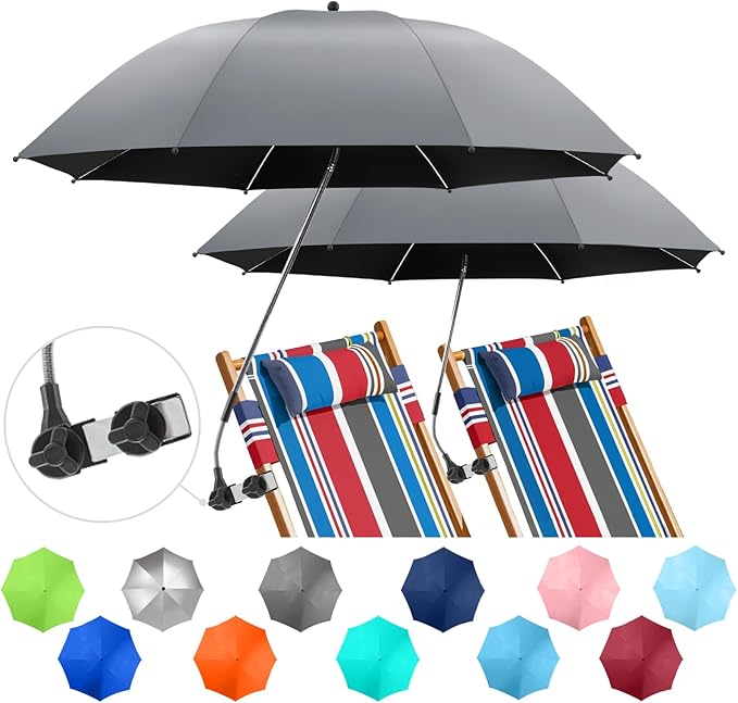2 PACK Beach Umbrella with Clamp, 360 ° Adjustable Umbrellas for Chair, UPF50+ Umbrella for Beach Chair, Patio Chair, Wheelchair, Camping Chair, Golf Carts (Chair Not Included)