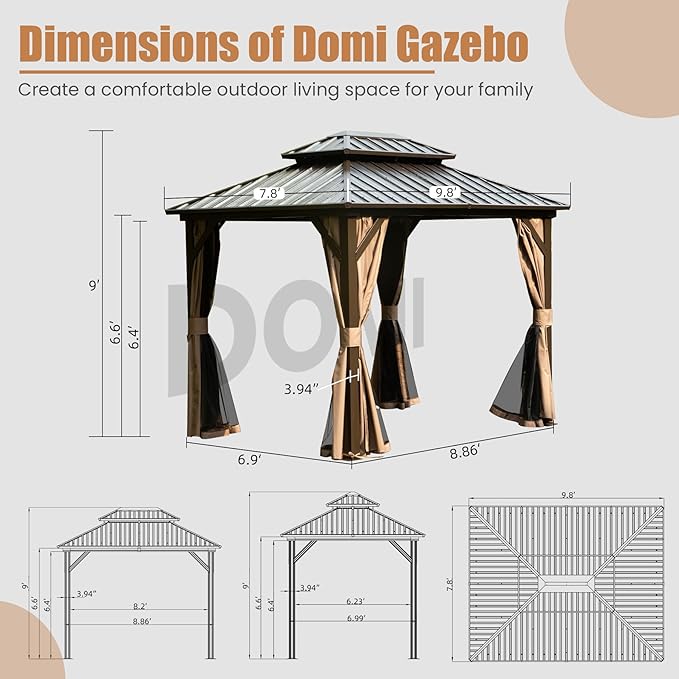 Domi 8' x 10' Hardtop Gazebo, Outdoor Metal Gazebo for Patios with Galvanized Steel Double Roof, Heavy Duty Curtains and Netting Included, Permanent Pergola for Backyard, Garden Lawn, Brown
