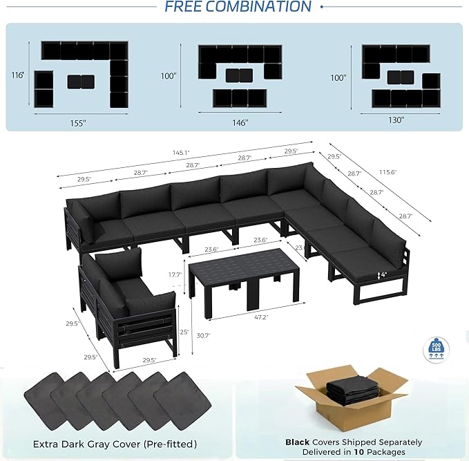 NICESOUL 12 Piece Extra Large Contemporary Aluminum Outdoor Furniture Set with End Table 29" Deep Wide Couch Set, 500 lbs High Weight Capacity Modular Patio Sectional Sofa for Poolside Deck, Black