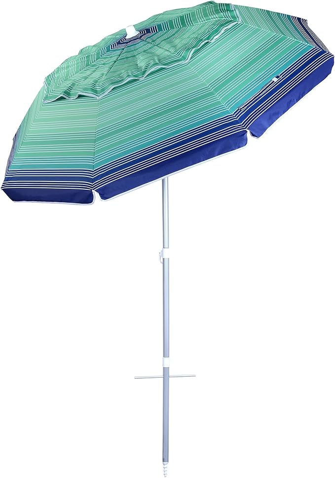 6.5ft folded Portable beach umbrella with sand anchor windproof, Push Button Tilt and Air vent UPF 50+ Protection Fits in a large Suitcase for Patio Garden Beach Pool Backyard, Blue Multi Stripe CA-1902