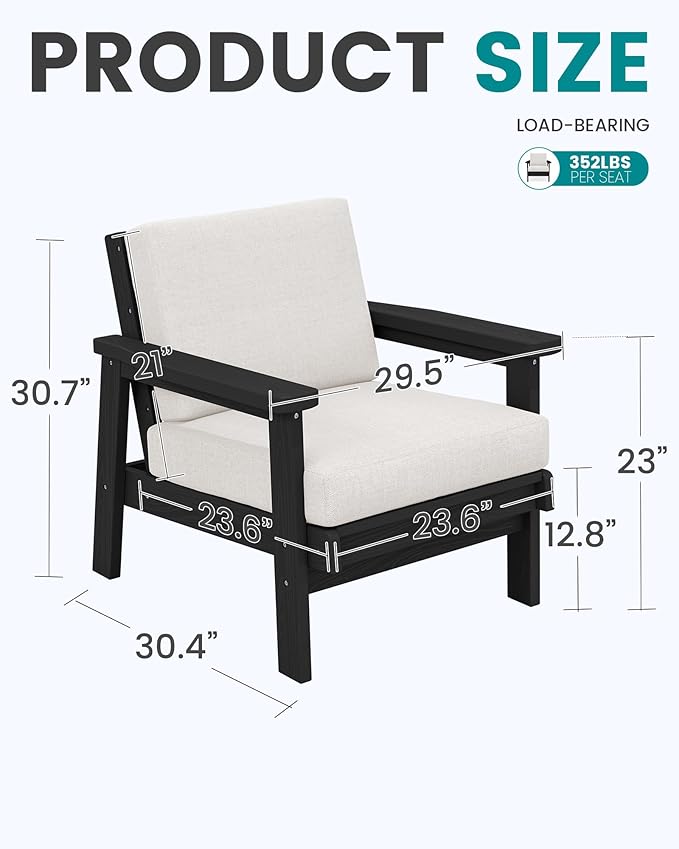 SERWALL HDPE Outdoor Couch Set of 2, All-Weather Wood-Like Patio Furniture Set, Black Outdoor Sofa Chairs with Khaki Cushions