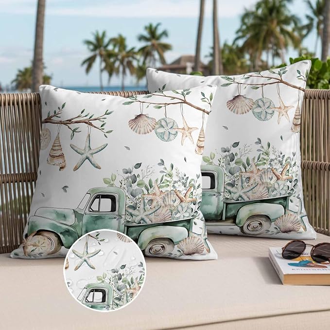 Sage Green Truck Outdoor Waterproof Throw Pillow Covers Set of 2, 26"x26", Ocean Starfish Shell Summer Leaf Decorative Pillow Covers Outside Cushion Case for Patio Porch Garden