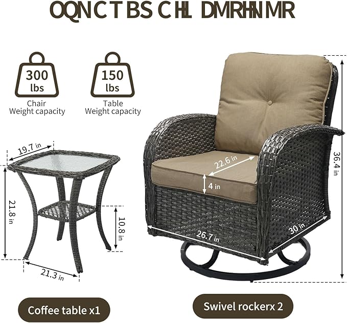 SHGJ&SOFT 3 Piece Patio Furniture Set, 2 Outdoor Swivel Rocking Chairs with Side Table, Wicker Glider Chairs, All-Weather Rattan Bistro Set for Porch, Deck, Pool (Khaki, Grey Full-Weave Rattan)