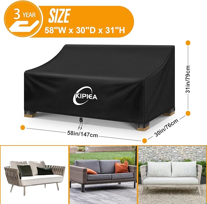 Kipiea Patio Sofa Cover, Heavy Duty Outdoor Couch Covers Waterproof Winter, 2-Seat Patio Furniture Cover Loveseat, Outdoor Sofa Covers with Anti UV and No Tears, No Fading (58"W x 30"D x 31"H)
