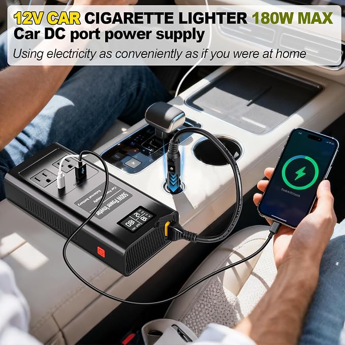 Pure Sine Wave Inverter Compatible with Ryobi 18V Battery, 2 in 1 500W 2 Port Power Inverter Battery Charger Generator DC 20V to AC* 2 Outlets, 120V Car Charger Plug, USB&Type-C (Tool Only)